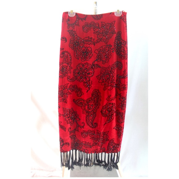 Muse Red Velvet Black Beaded Fringe Midi or Maxi Skirt 4 - Picture 2 of 8